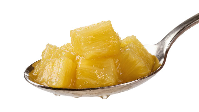 Metal spoon holding diced pineapple chunks with juice dripping, isolated on transparent background