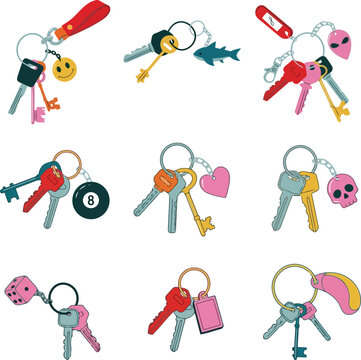 Colorful collection of keychains with various keys vector illustration.