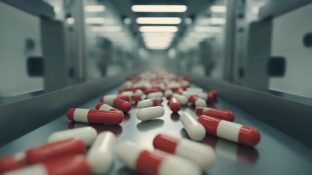 Red and white capsules moving along a manufacturing line inside a sterile industrial pharmaceutical production facility, emphasizing medicine automation and healthcare innovation