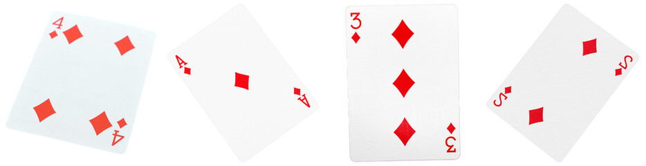 Obraz premium Four poker playing cards, including ace, three, four, and five of diamonds.