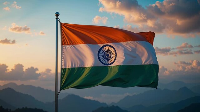 indian flag waving over mountain landscape at sunset
