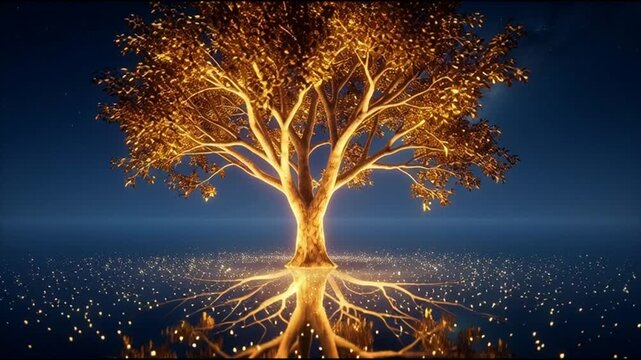 A magical glowing tree, with roots, branches and leaves shining with golden light