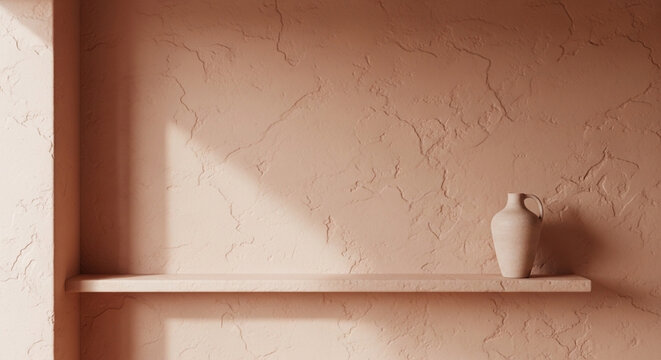 Minimalist elegant zoom background with a small white vase on a shelf against a textured peach colored wall with natural light
