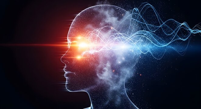 Neural energy waves flowing through a human profile head. Stress management and cognitive relaxation. Silhouette of a person with flowing light particles representing mental peace.