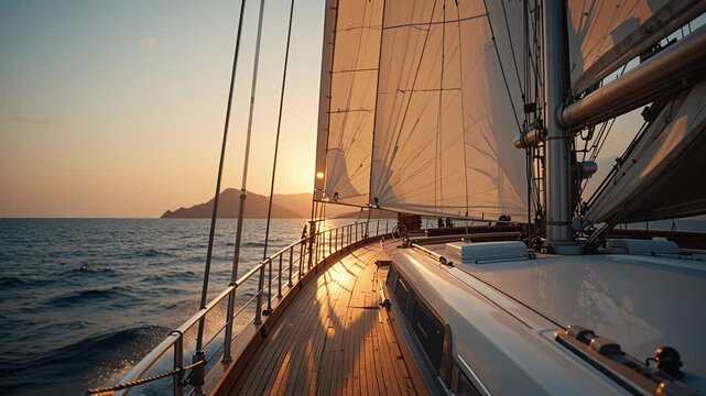 sailboat sunset over calm sea on deck, golden hour yacht voyage