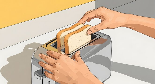Hands Toasting Bread in Modern Kitchen Toaster