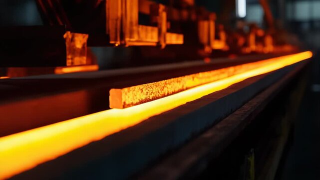 Red hot steel ingot glowing orange red as it moves along a conveyor in a heavy industrial steel plant, emitting intense heat and light during metallurgical processing
