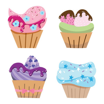 Cute cupcake set with colorful frosting, sprinkles and sweet decorations in playful cartoon style. Hand-drawn vector illustration isolated on white background