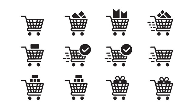 Shopping cart icon set with various delivery status symbols and retail basket icons for ecommerce and business.