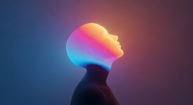 Silhouette of human head with vibrant rainbow light. Spiritual enlightenment and creative inspiration concept. Person looking up with colorful gradient light reflecting on their skin