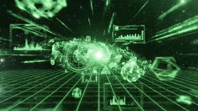 Futuristic Digital Abstract Animation of Green Glowing Objects and Data in Space