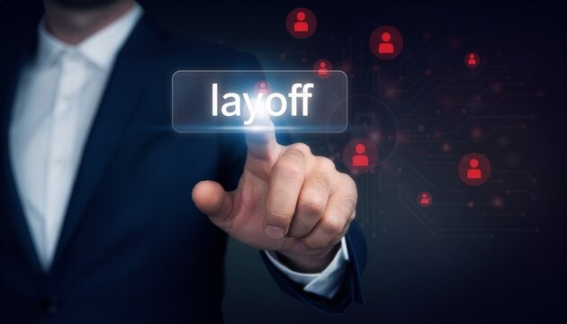 Businessperson pressing a layoff button representing job loss or economic downturn. The image conveys the seriousness of job cuts