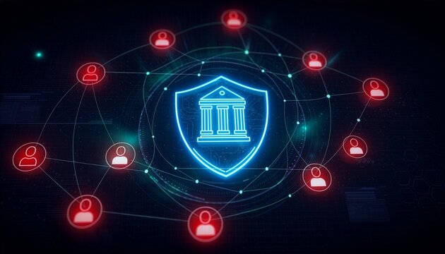Cybersecurity concept: Secure network connecting users and a bank icon, representing online banking or secure financial transaction.