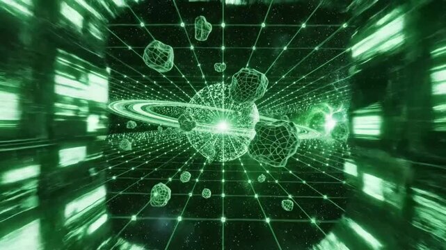 Futuristic planet with glowing rings and surrounding asteroids moving through a digital grid in space