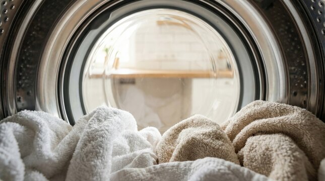 Clean towels inside washing machine drum close up