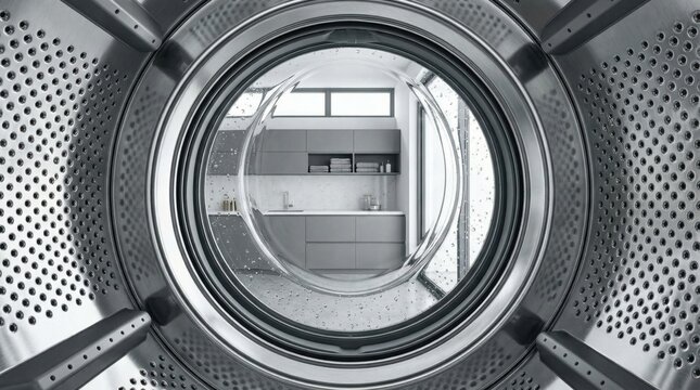 View from inside washing machine with modern laundry room