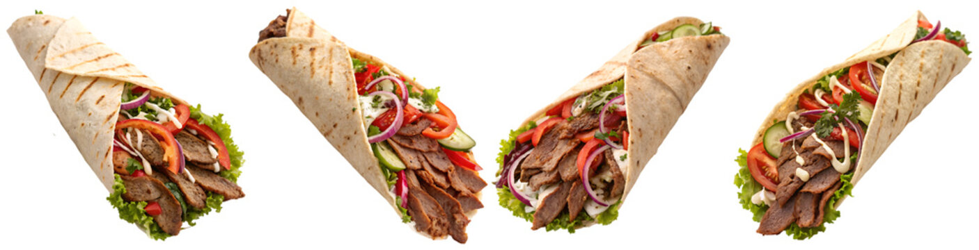 Delicious meat kebabs and shawarma wraps, a vibrant photograph of fresh fast food on transparent background.