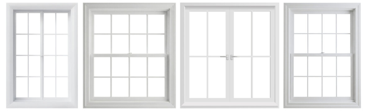 White window frames and a double door with glass panes, photographed and isolated on transparent background.