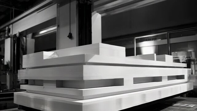 Abstract architectural model representing a future building design, crafted with precision using a large industrial machine in a manufacturing setting, emphasizing innovation and construction