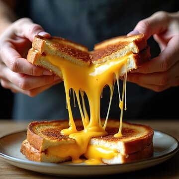 Hands pull apart golden grilled cheese sandwich. Molten cheese stretches in long strings, creating a delicious gooey pull. Served on plate, perfect comfort food.