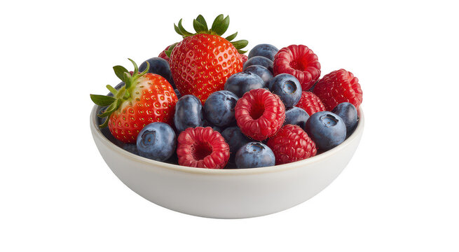 Assorted fresh berries including strawberries, raspberries, and blueberries in a small white bowl isolated on a transparent background