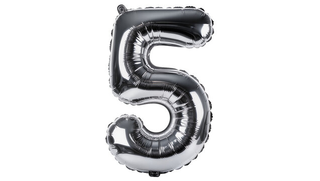 Shiny silver number 5 balloon, isolated on transparent background