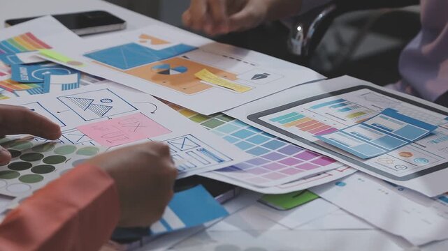 Asian uxui designer working on website design using sticky notes and wireframes