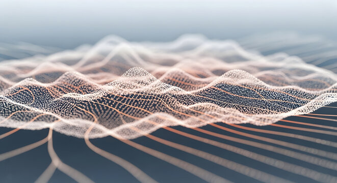Topographic landscape of digital information and mesh geometry. Data science and algorithmic modeling. Abstract landscape formed by glowing particles and contour lines in perspective