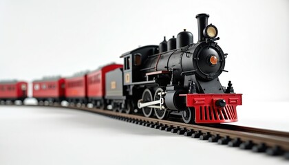 Fototapeta premium Black toy steam engine with red carriages on track. Vintage train model on white background. Miniature locomotive collection for hobbyists and collectors.