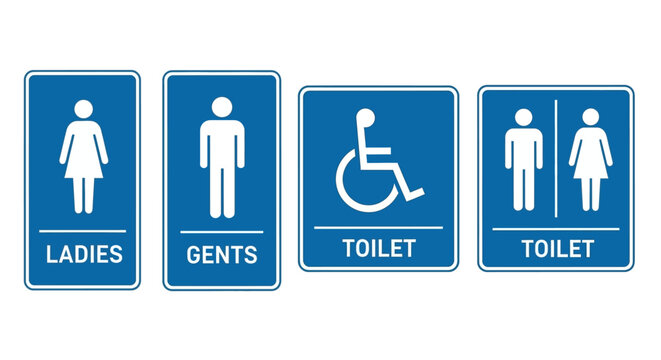 Set of four blue and white signs indicating ladies restroom, gents restroom, and accessible toilet facilities