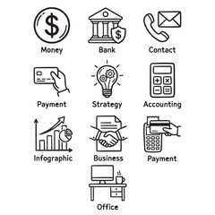 Fototapeta premium Business Finance Doodle Icon Set, Money Bank Payment Strategy Accounting Business Symbols, Hand Drawn Outline Vector Collection