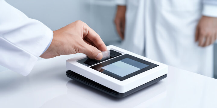 Medical technology handheld diagnostic device with clinician inserting test strip in reader