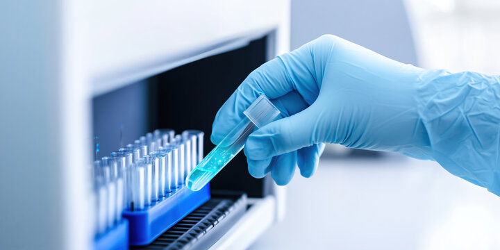 Medical technology lab technician gloved hand placing test tube with blue liquid rack showing
