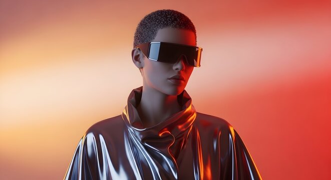 Minimalist sci-fi woman with buzz cut and reflective smart glasses. Wearable technology and high-end futuristic aesthetics. Person wearing metallic silver robe and dark tinted visor