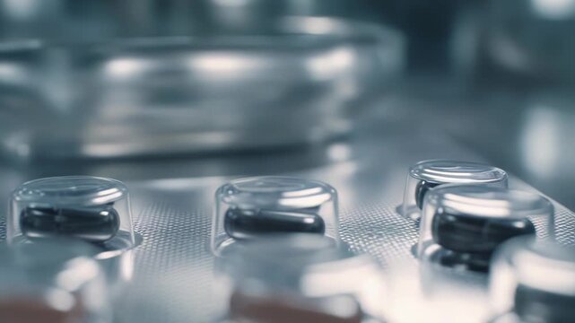 Pills are arranged in a metallic blister package, highlighting pharmaceutical products and healthcare concepts for medicine, drug, and pharmacy themes