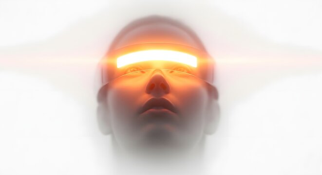 Virtual reality immersion and retinal scanning security system. Biometric identification and digital lens technology. Person face glowing with golden light strip and blurred motion effect