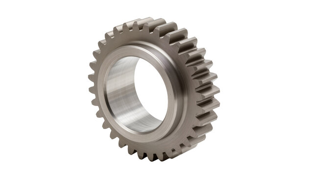 Single metal gear with teeth and inner ring, isolated on transparent background
