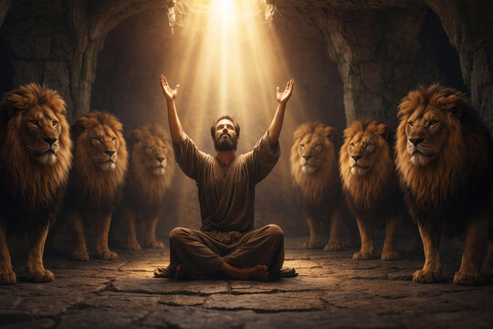 Daniel prays peacefully in the lions' den as divine light shines from above.