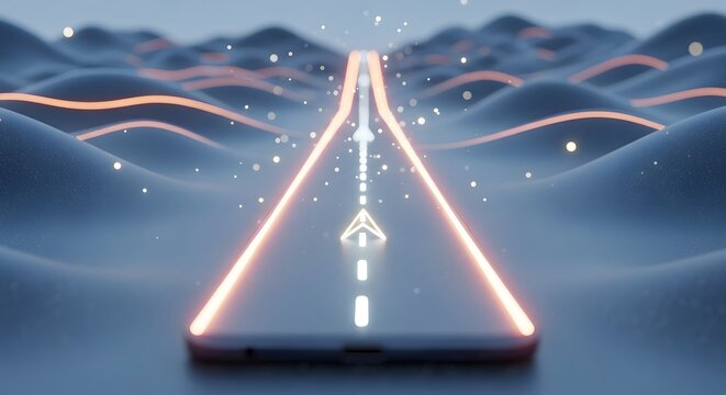 Perspective view of a glowing digital highway with an arrow pointing forward. Software roadmap and progress tracking. Bright neon lines and particles forming a path across a blue landscape