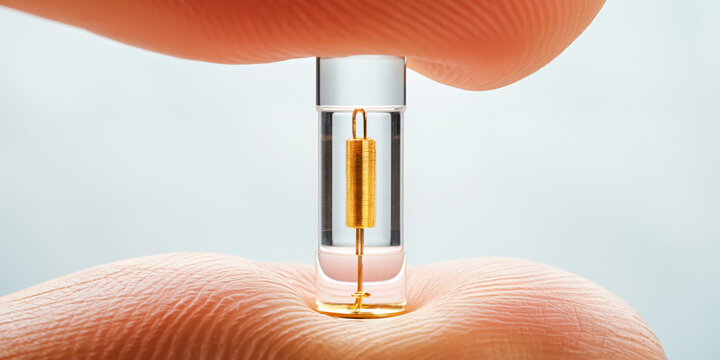 Medical technology implantable sensor vial held between finger pads showing miniature coil