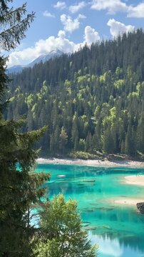 Lake Cauma Caumasee in Flims, Switzerland vivid turquoise water vertical video nature