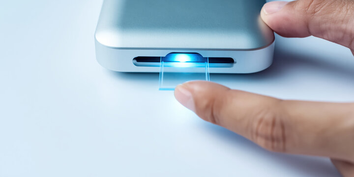 Medical technology compact scanner reads microchip slide with glowing blue light and human