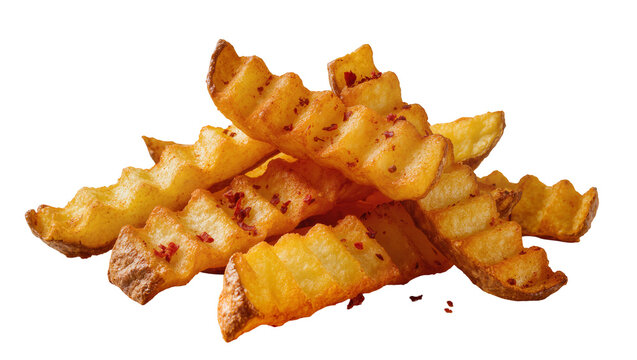 Golden brown crinkle cut french fries with red pepper flakes, isolated on transparent background