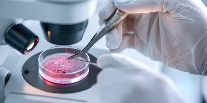 Lab technician manipulating pink cell culture in petri dish using microscope medical technology