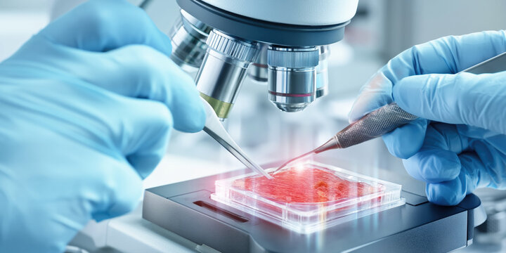 Medical technology research tissue sample microscope showing careful sterile lab procedure