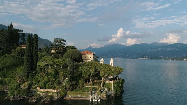 Villa del Balbianello Lake Como on the Lavedo peninsula Tremezzina Italy aerial drone