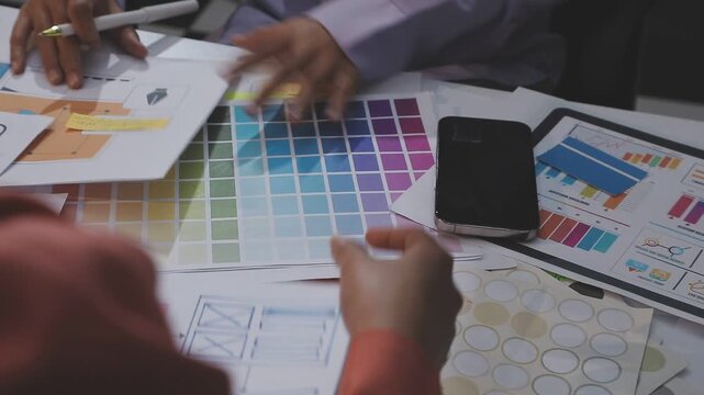Asian uxui designer working on website design using sticky notes and wireframes