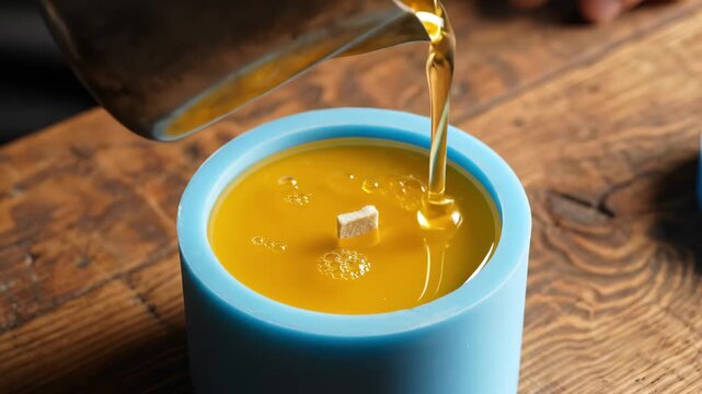 Golden honey cascades gracefully into a vivid blue cup, creating mesmerizing patterns as it mixes. A sugar cube floats, enhancing the delightful atmosphere of comfort and taste.