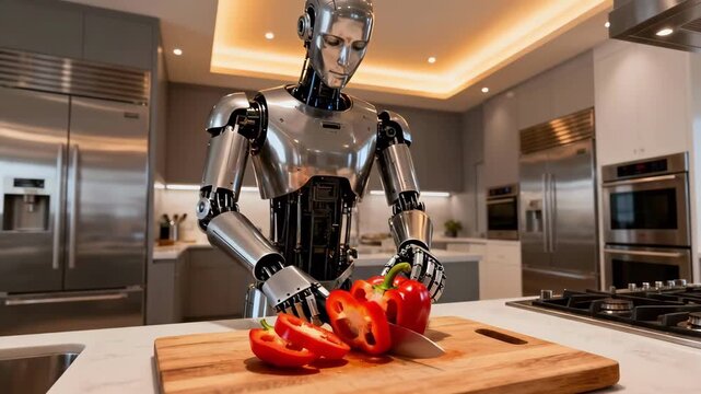 Robot Chopping Red Pepper On Cutting Board, Chrome Android Slices Bell Pepper In Sleek Modern Kitchen With Stainless Appliances And Warm Overhead Lighting Focused Precise Motion, Clean Countertop.