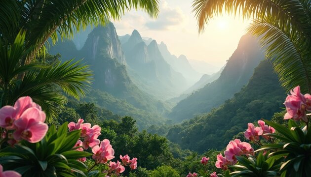 View of rich green valley with mist covered mountains. Pink orchids and palm leaves frame this peaceful tropical landscape during sunrise with warm sunlight.